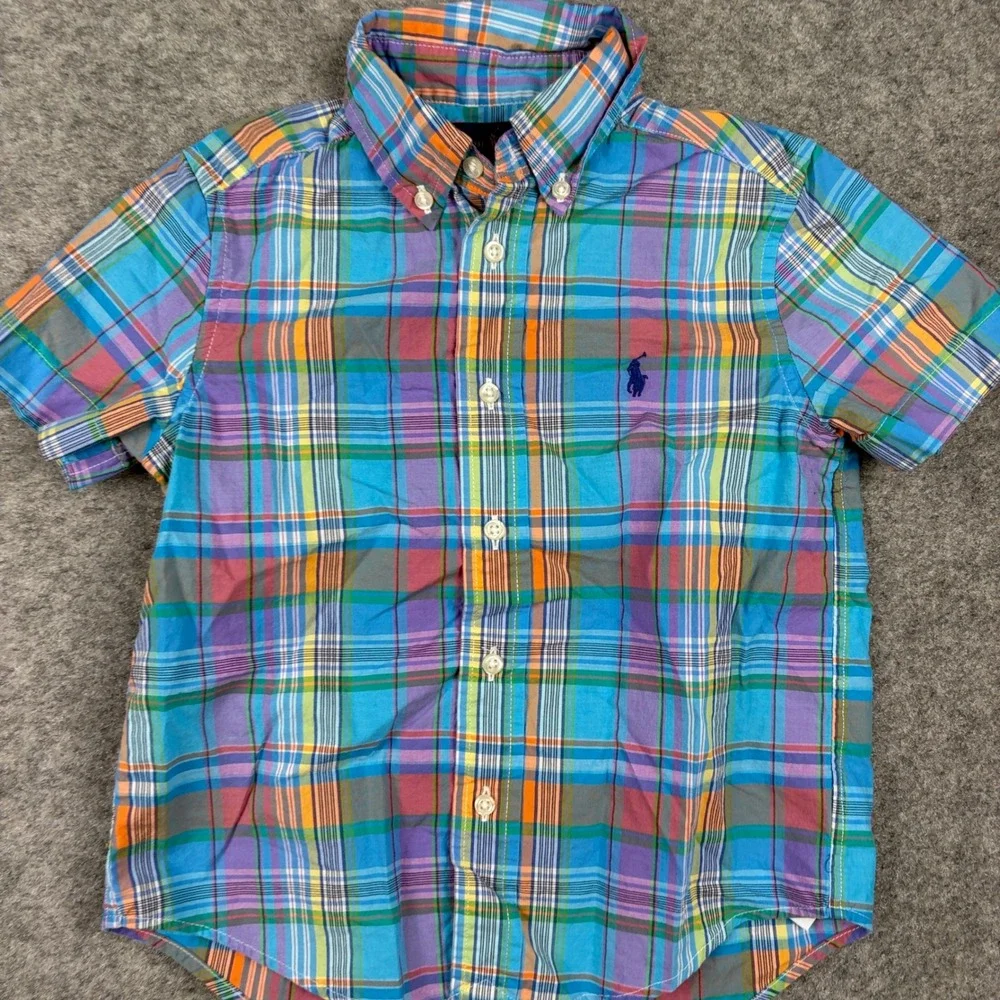 Ralph Lauren Button Down Shirt Boys Size 4 Multicolor Plaid Short Sleeve Cotton